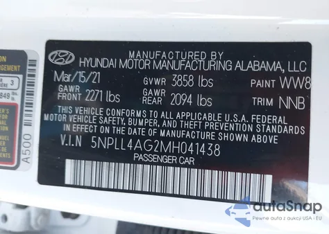 2021 Hyundai Elantra Se z USA, uszkodzony, nr VIN 5NPLL4AG2MH041438